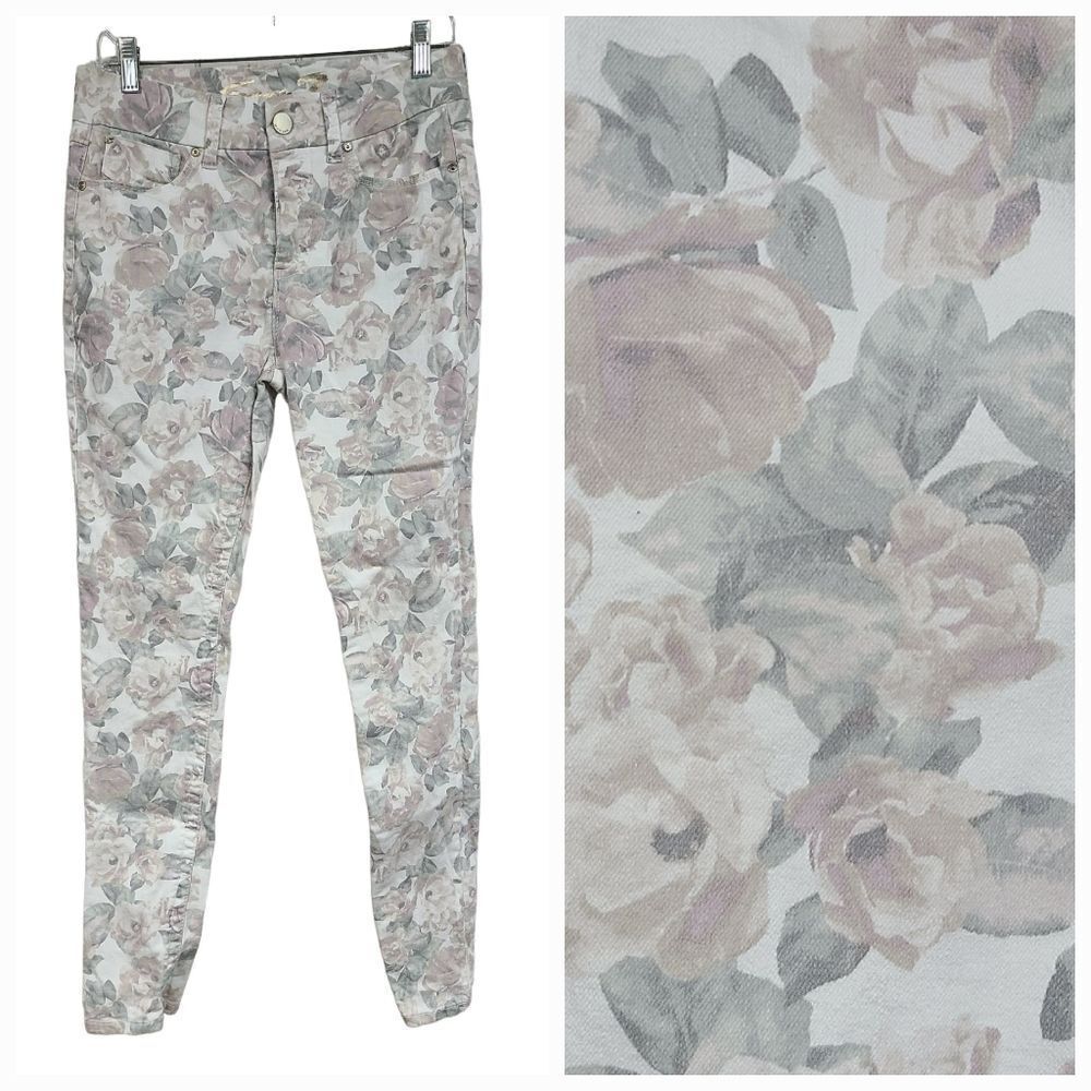 Seven7 High Rise Tummyless Skinny Jeans White Floral Print Stretch Denim Size 6